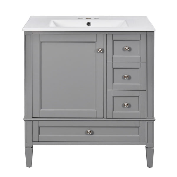 Cullen Ceramic Sink Bathroom Vanity Cabinet, 3 Drawers, Gray Wood 30 Inch - BM351260