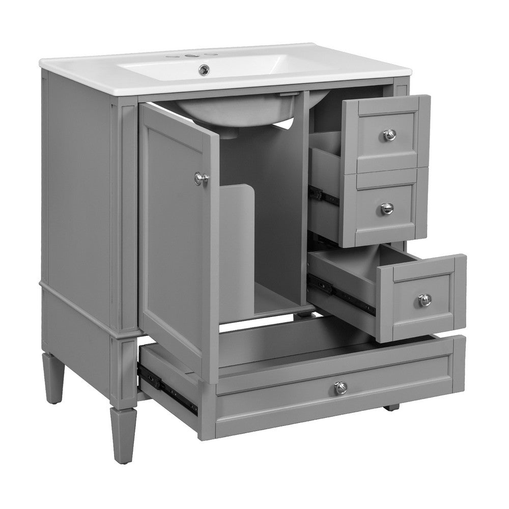Cullen Ceramic Sink Bathroom Vanity Cabinet, 3 Drawers, Gray Wood 30 Inch - BM351260