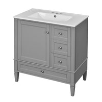 Cullen Ceramic Sink Bathroom Vanity Cabinet, 3 Drawers, Gray Wood 30 Inch - BM351260