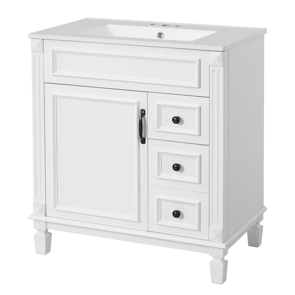 Xolo Bathroom Vanity with 2 Drawers, Ceramic Sink, White Wood 30 Inch - BM351265