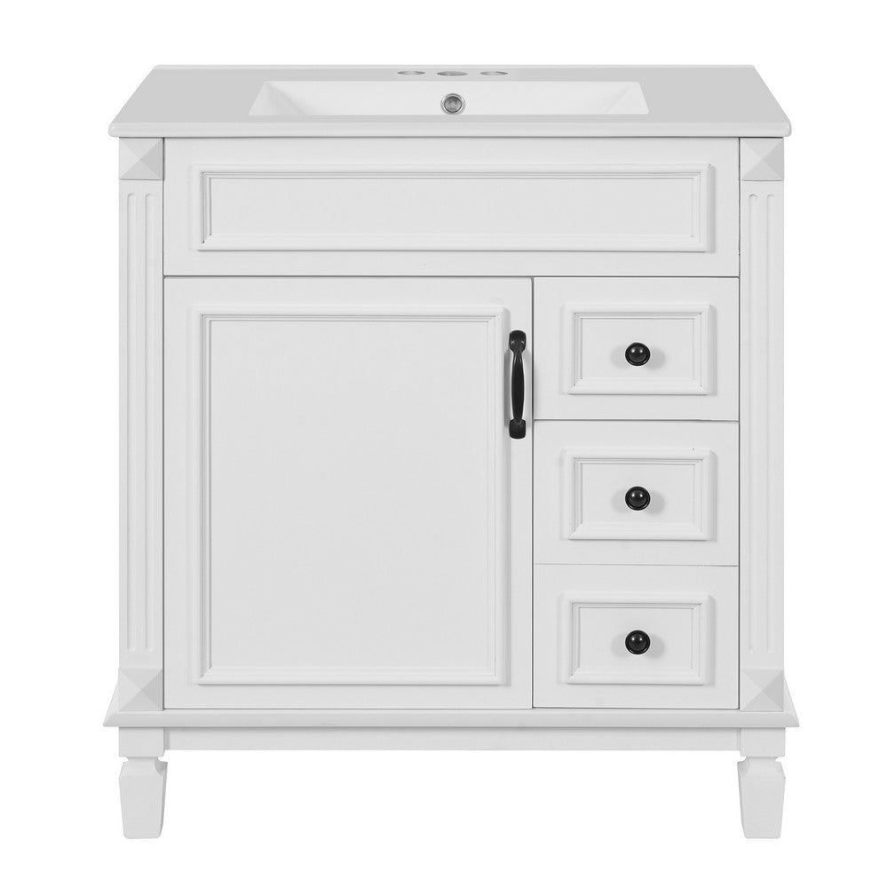Xolo Bathroom Vanity with 2 Drawers, Ceramic Sink, White Wood 30 Inch - BM351265