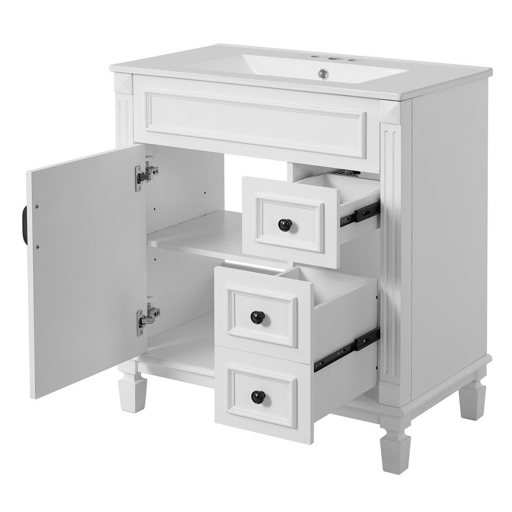 Xolo Bathroom Vanity with 2 Drawers, Ceramic Sink, White Wood 30 Inch - BM351265