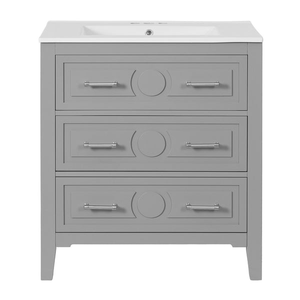 Solan Bathroom Vanity with Ceramic Sink, Chrome, Gray Solid Wood 30 Inch - BM351267