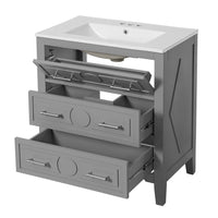Solan Bathroom Vanity with Ceramic Sink, Chrome, Gray Solid Wood 30 Inch - BM351267