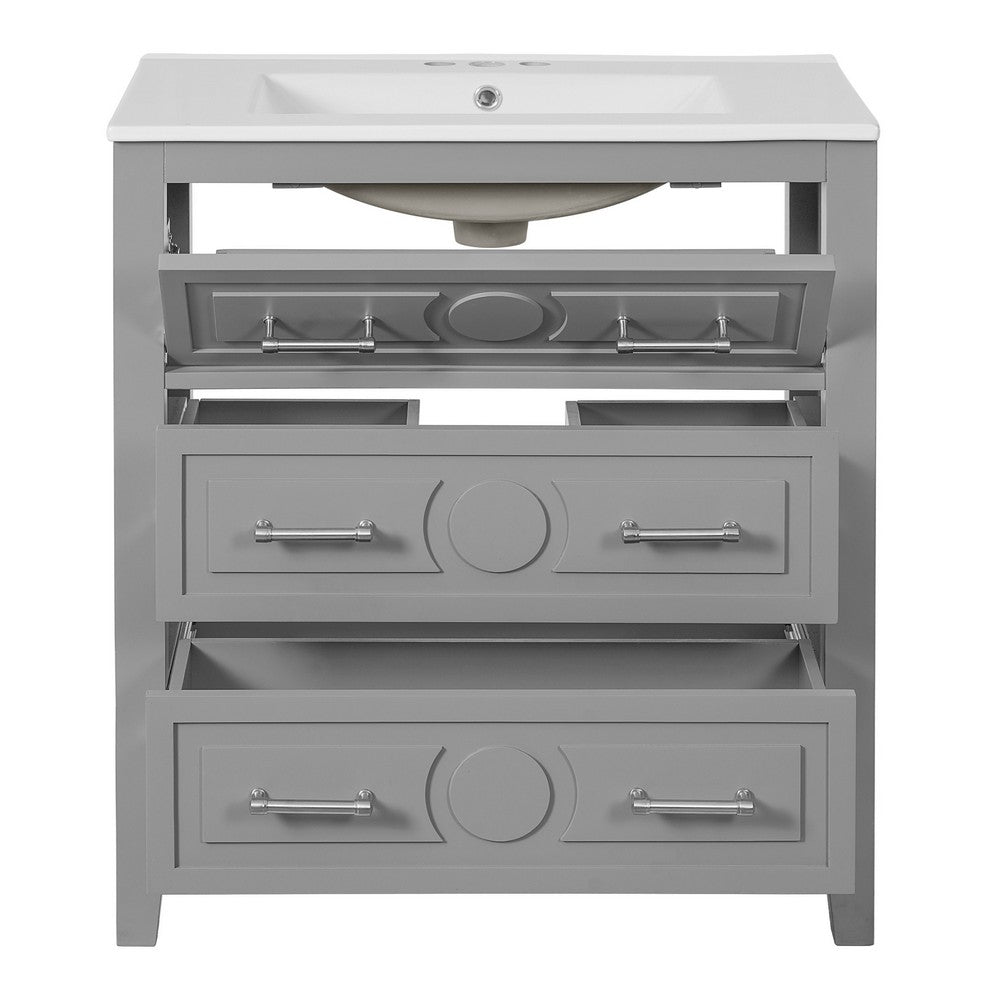 Solan Bathroom Vanity with Ceramic Sink, Chrome, Gray Solid Wood 30 Inch - BM351267