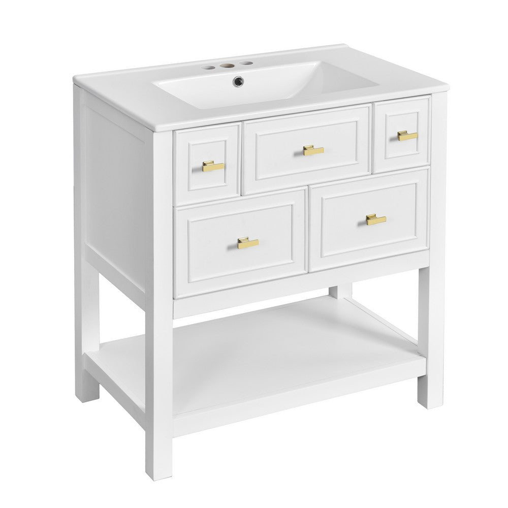 Velly Bathroom Vanity with Ceramic Sink, 5 Drawers and Shelf, White 30 Inch - BM351269