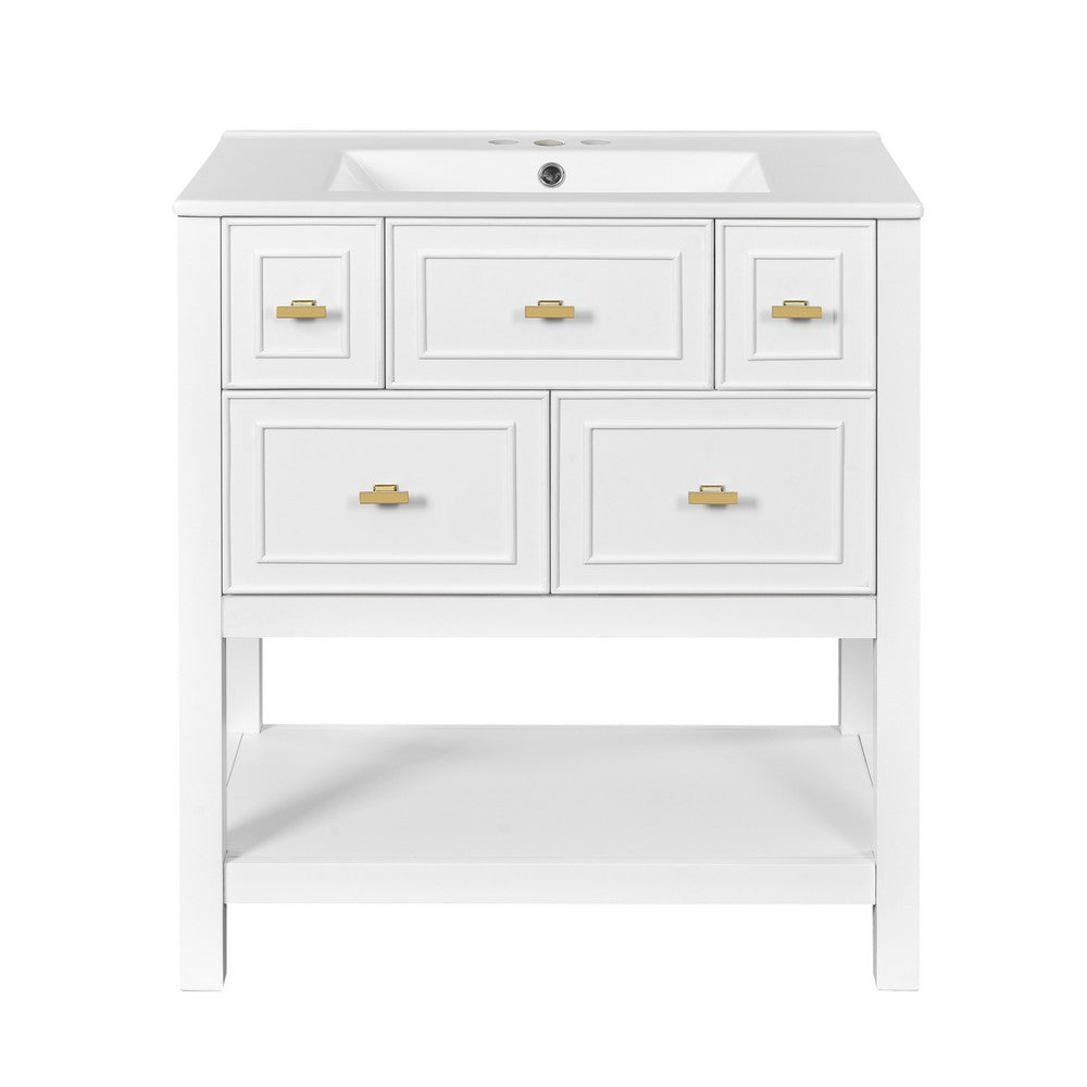 Velly Bathroom Vanity with Ceramic Sink, 5 Drawers and Shelf, White 30 Inch - BM351269