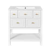 Velly Bathroom Vanity with Ceramic Sink, 5 Drawers and Shelf, White 30 Inch - BM351269