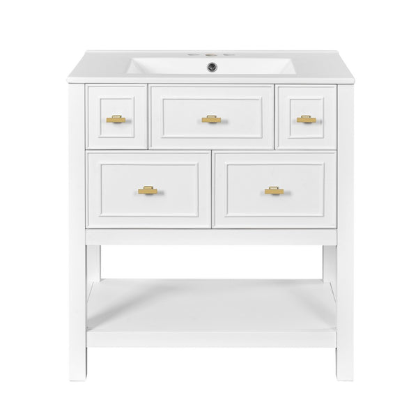 Velly Bathroom Vanity with Ceramic Sink, 5 Drawers and Shelf, White 30 Inch - BM351269