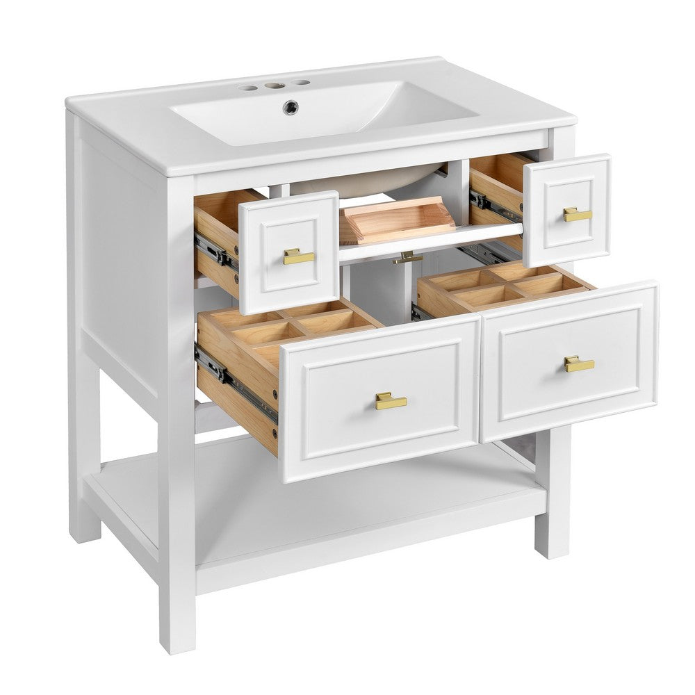 Velly Bathroom Vanity with Ceramic Sink, 5 Drawers and Shelf, White 30 Inch - BM351269