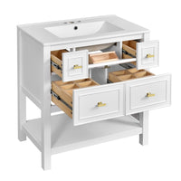 Velly Bathroom Vanity with Ceramic Sink, 5 Drawers and Shelf, White 30 Inch - BM351269