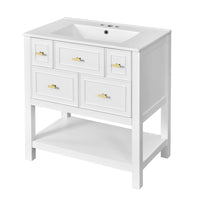 Velly Bathroom Vanity with Ceramic Sink, 5 Drawers and Shelf, White 30 Inch - BM351269