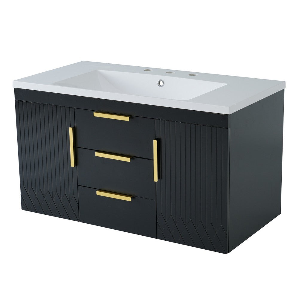 Jayz Floating Vanity with Sink, Gold Accents, Black Textured Wood 36 Inch - BM351270