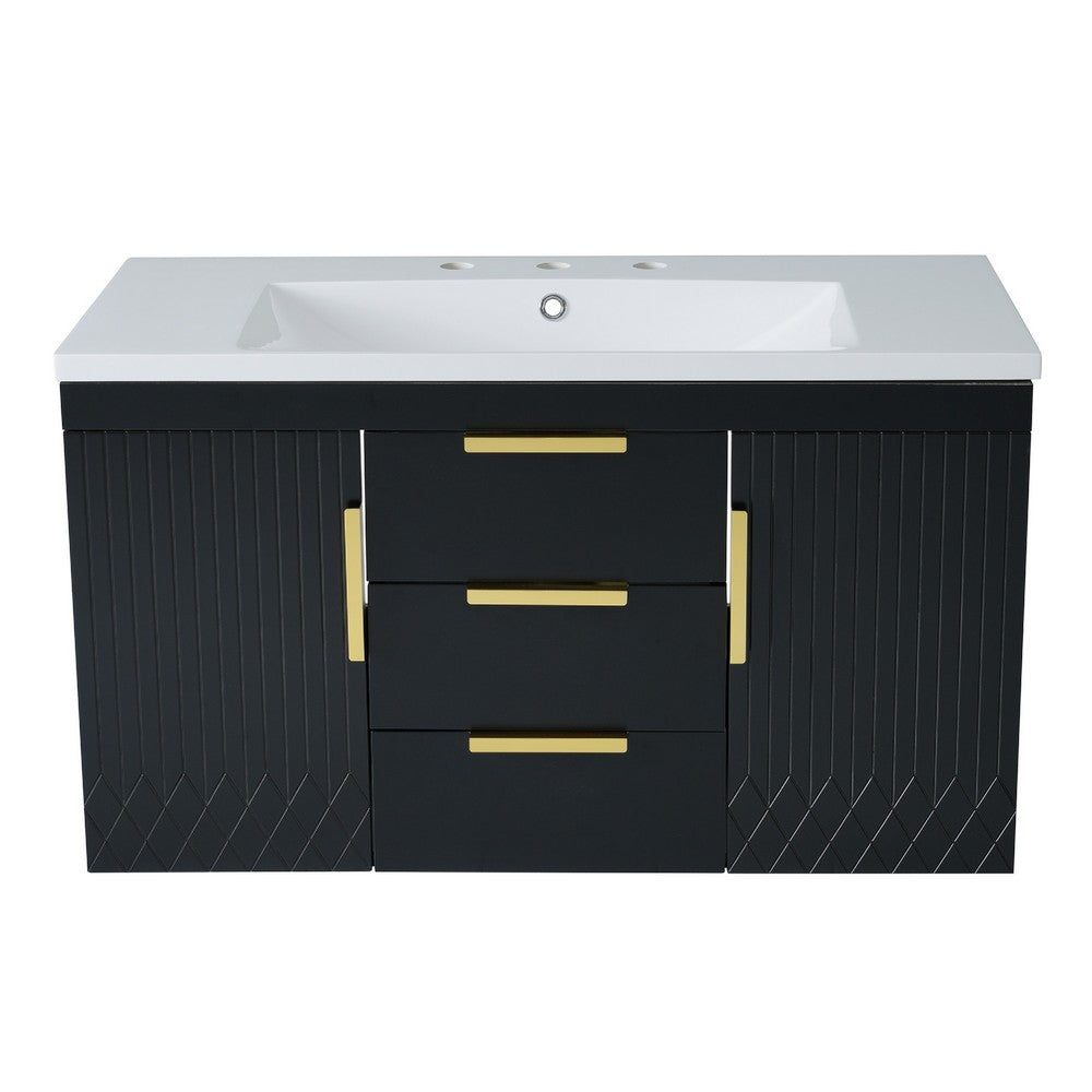 Jayz Floating Vanity with Sink, Gold Accents, Black Textured Wood 36 Inch - BM351270