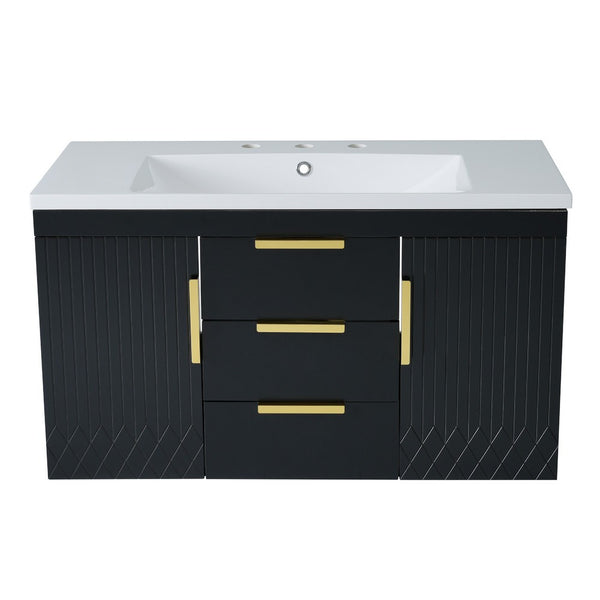 Jayz Floating Vanity with Sink, Gold Accents, Black Textured Wood 36 Inch - BM351270