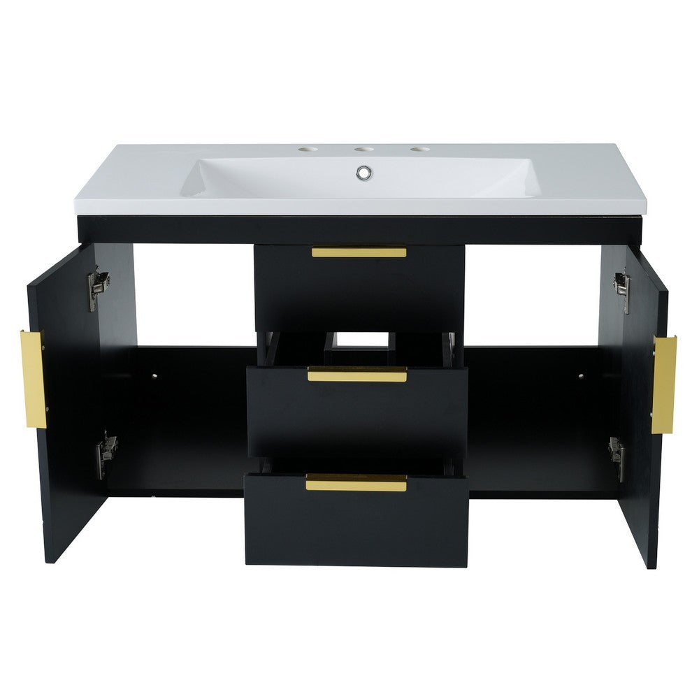 Jayz Floating Vanity with Sink, Gold Accents, Black Textured Wood 36 Inch - BM351270