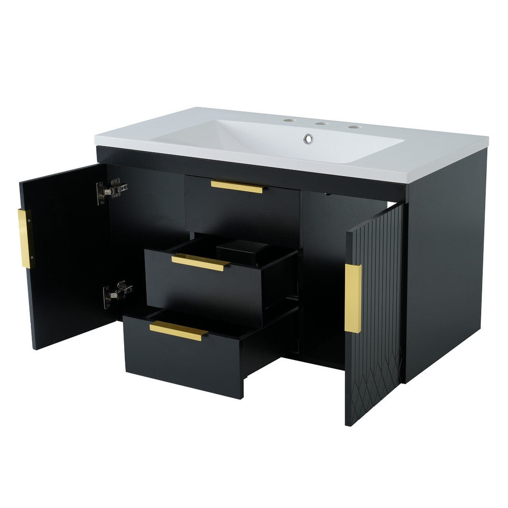 Jayz Floating Vanity with Sink, Gold Accents, Black Textured Wood 36 Inch - BM351270