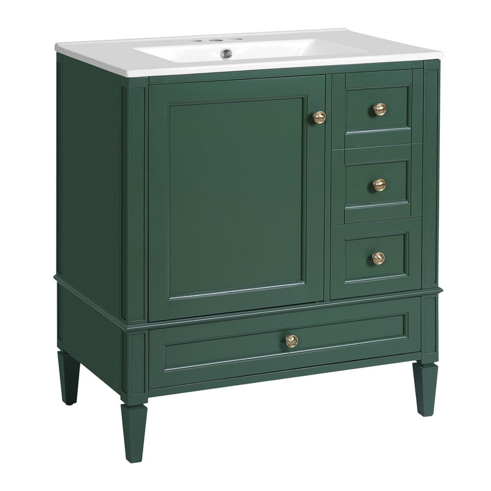 Cullen Bathroom Vanity with Ceramic Sink, 3 Drawers, Green Wood 30 Inch - BM351272