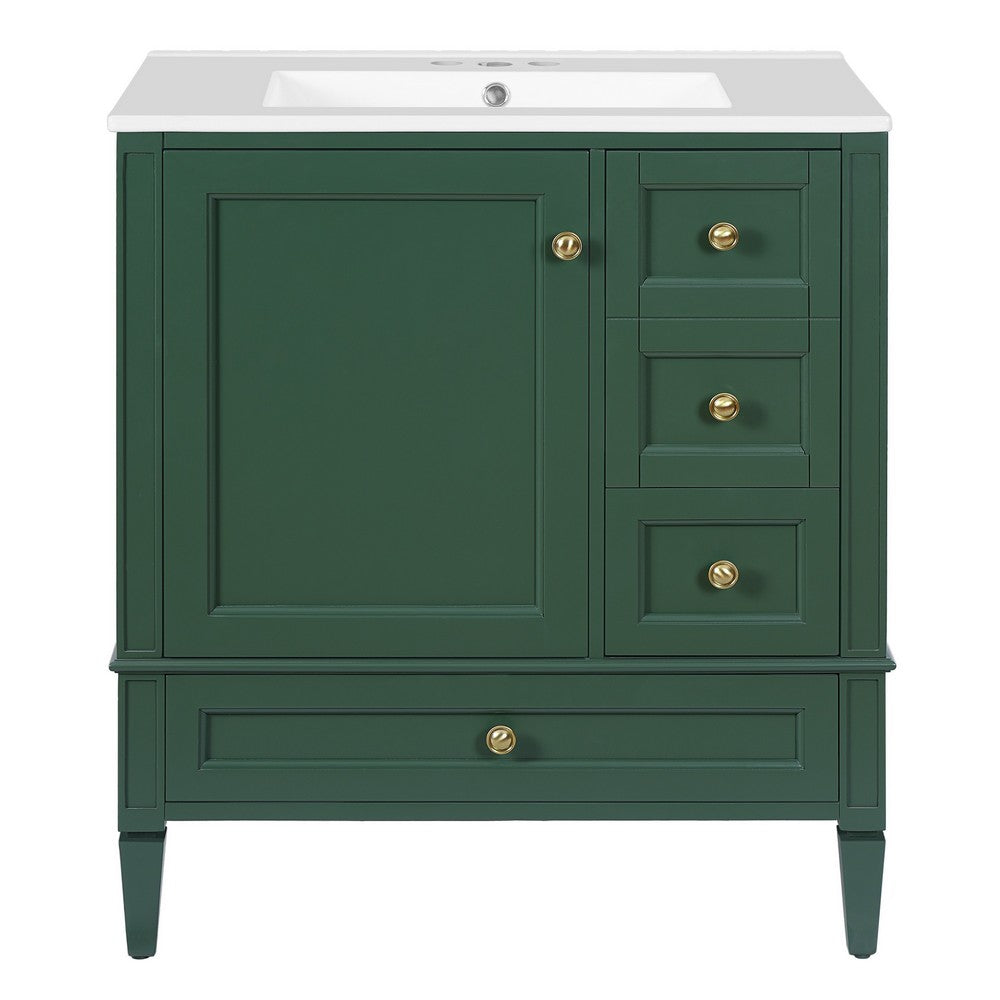 Cullen Bathroom Vanity with Ceramic Sink, 3 Drawers, Green Wood 30 Inch - BM351272