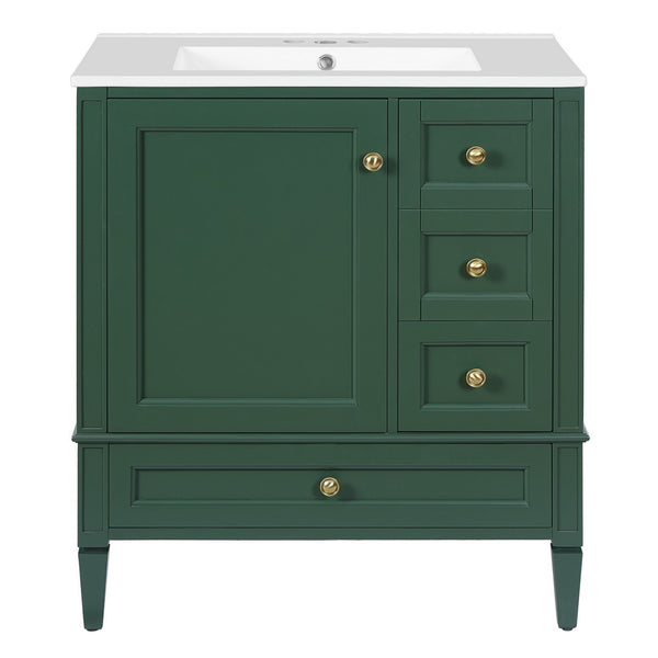 Cullen Bathroom Vanity with Ceramic Sink, 3 Drawers, Green Wood 30 Inch - BM351272