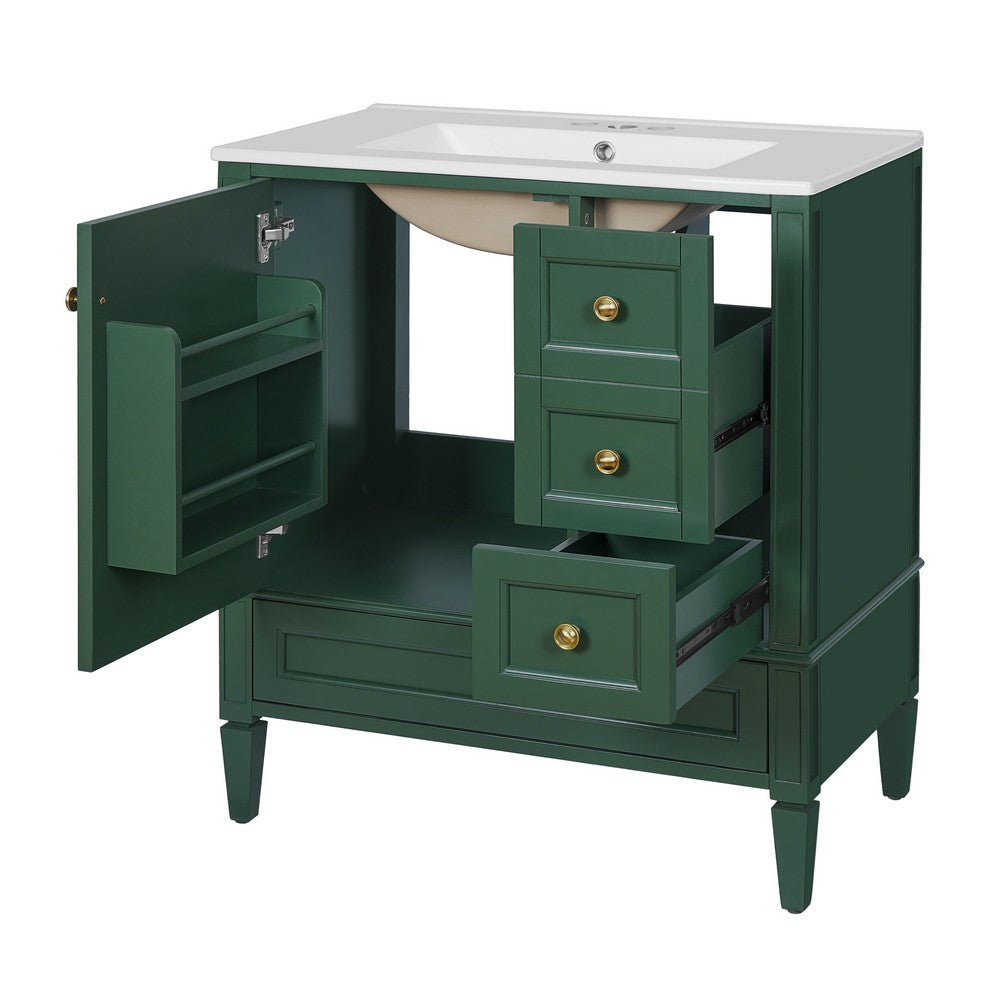 Cullen Bathroom Vanity with Ceramic Sink, 3 Drawers, Green Wood 30 Inch - BM351272