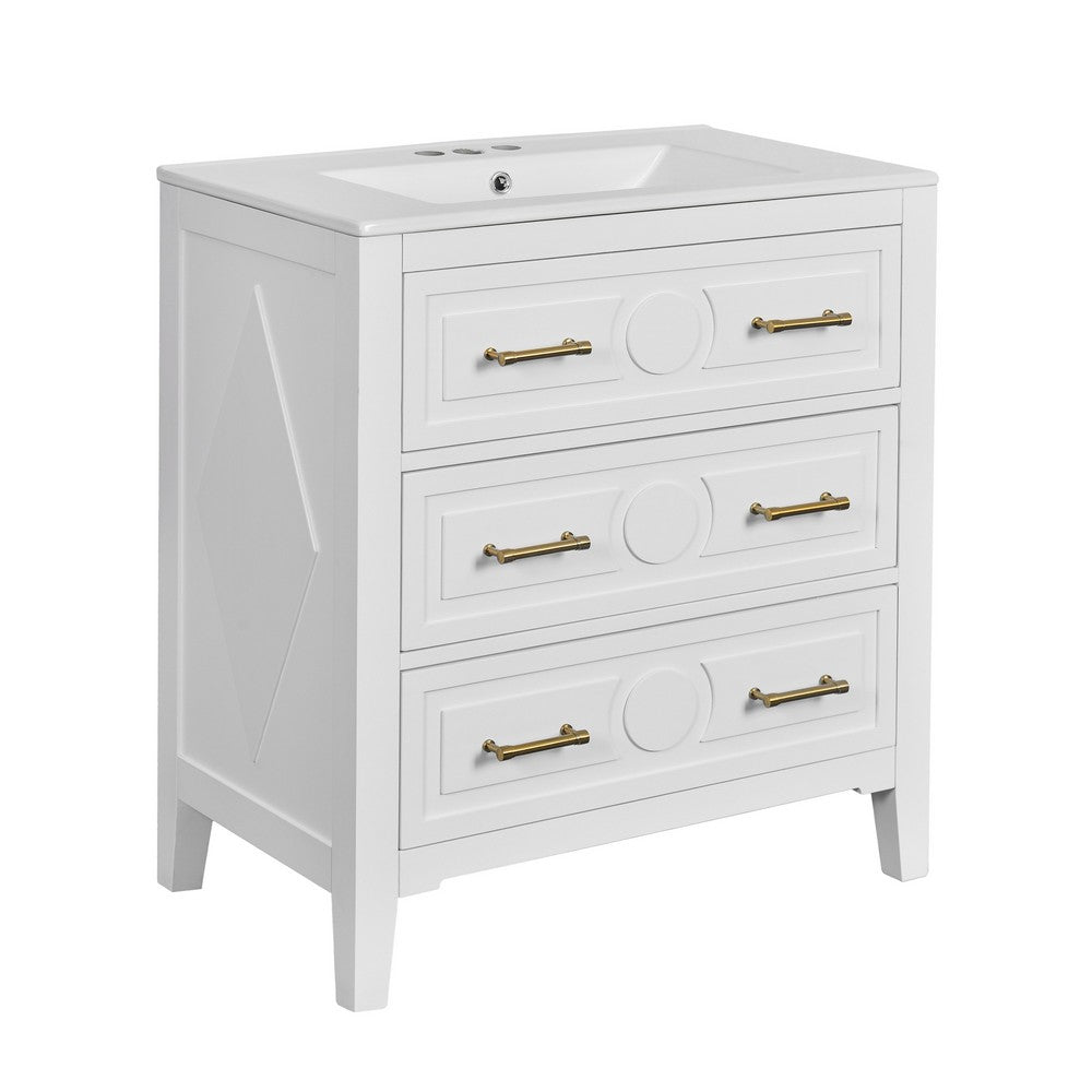 Solan 30 Inch Bathroom Vanity, Single Ceramic Sink, Gold Handles, White Wood - BM351275