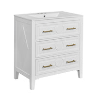 Solan 30 Inch Bathroom Vanity, Single Ceramic Sink, Gold Handles, White Wood - BM351275