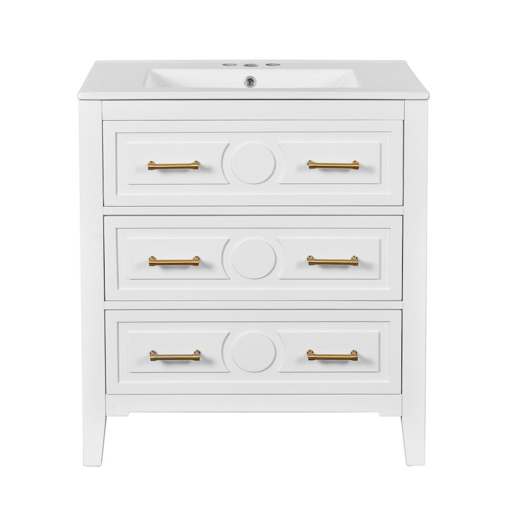 Solan 30 Inch Bathroom Vanity, Single Ceramic Sink, Gold Handles, White Wood - BM351275