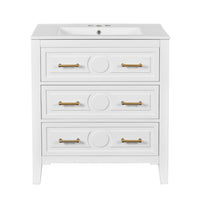 Solan 30 Inch Bathroom Vanity, Single Ceramic Sink, Gold Handles, White Wood - BM351275