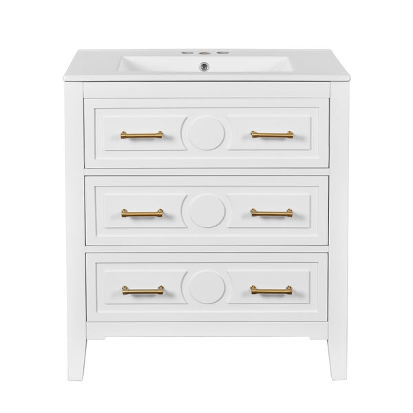 Solan 30 Inch Bathroom Vanity, Single Ceramic Sink, Gold Handles, White Wood - BM351275