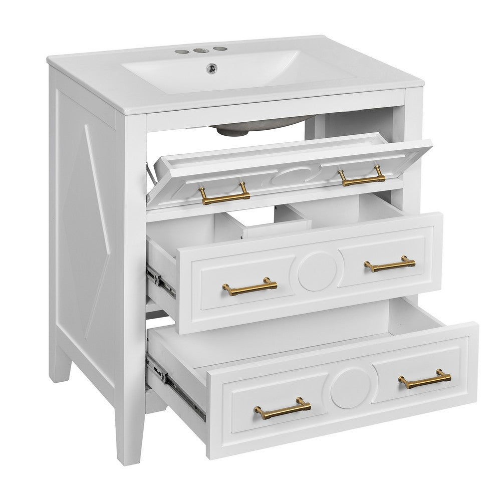Solan 30 Inch Bathroom Vanity, Single Ceramic Sink, Gold Handles, White Wood - BM351275