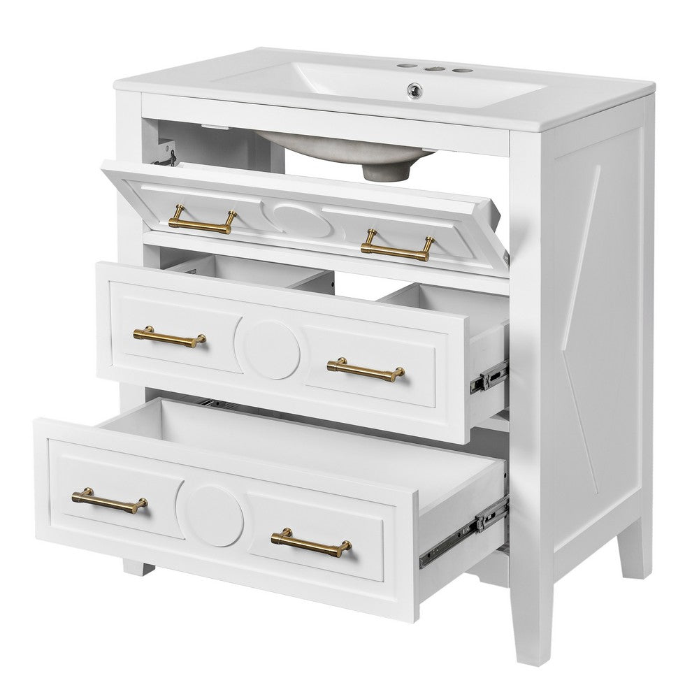 Solan 30 Inch Bathroom Vanity, Single Ceramic Sink, Gold Handles, White Wood - BM351275