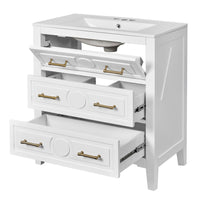 Solan 30 Inch Bathroom Vanity, Single Ceramic Sink, Gold Handles, White Wood - BM351275