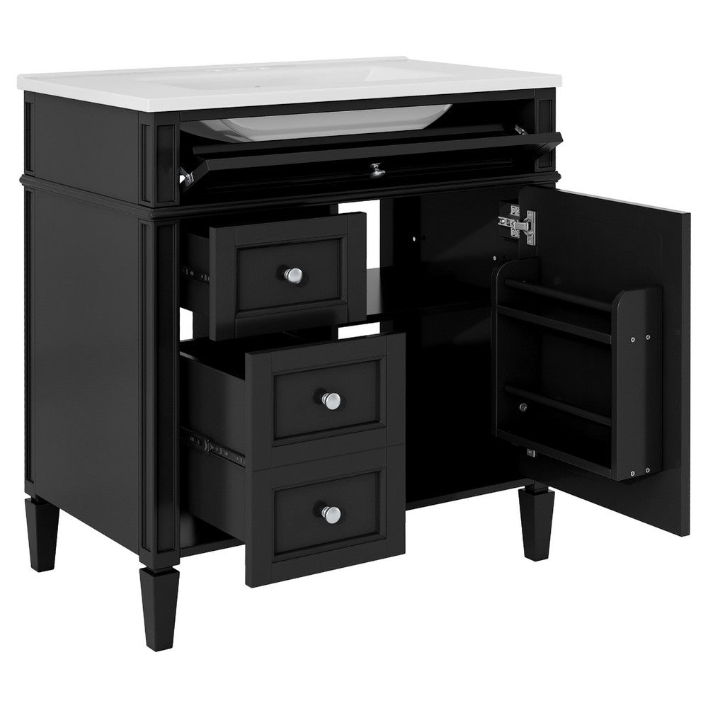 Asher Bathroom Vanity with Single Ceramic Sink, Storage, Black Wood 30 Inch - BM351276