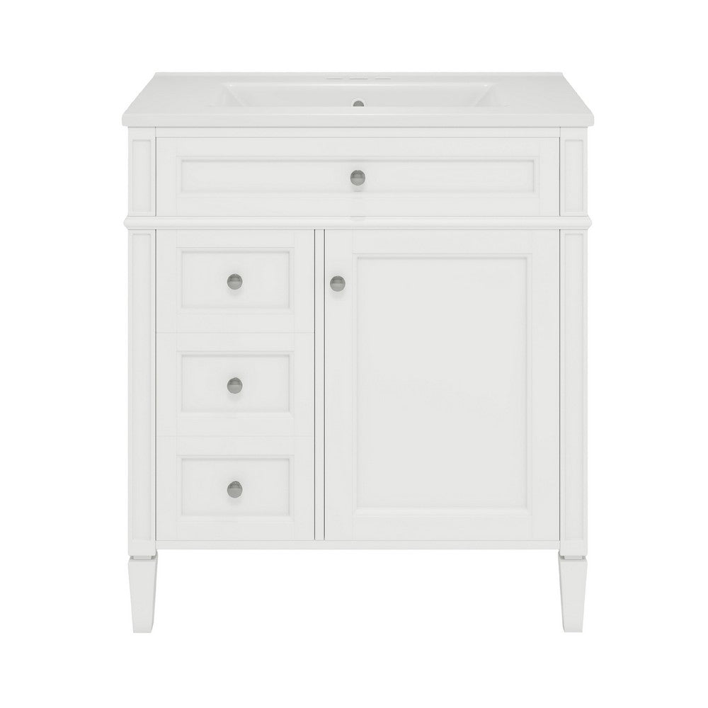 Asher Bathroom Vanity with Ceramic Sink, Smart Storage, White Wood 30 Inch - BM351278