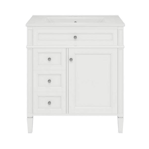 Asher Bathroom Vanity with Ceramic Sink, Smart Storage, White Wood 30 Inch - BM351278