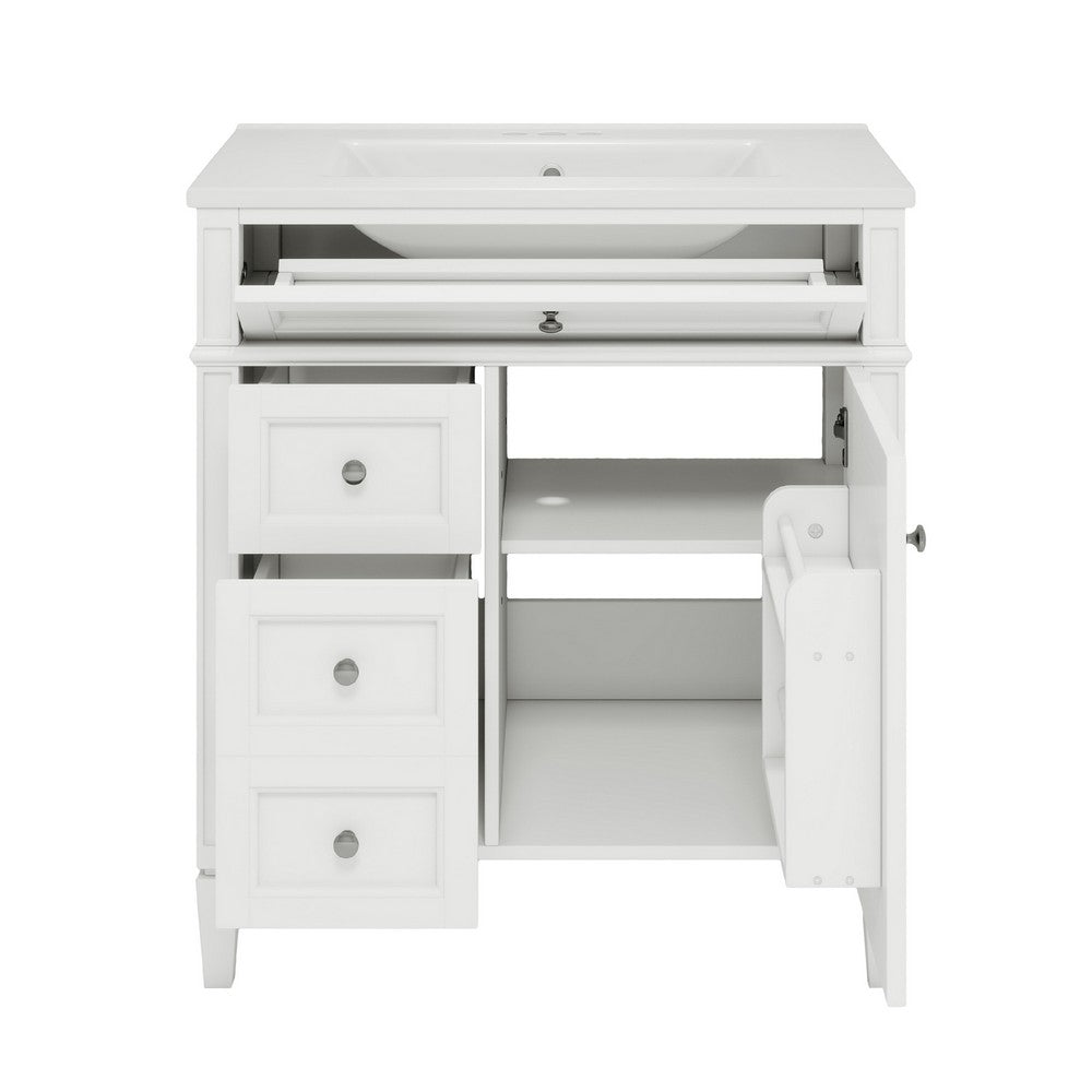 Asher Bathroom Vanity with Ceramic Sink, Smart Storage, White Wood 30 Inch - BM351278