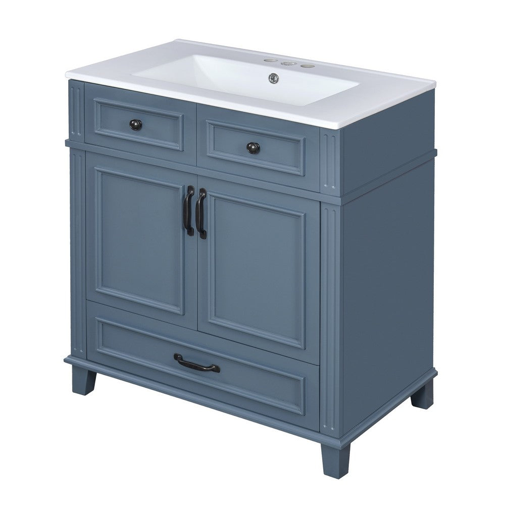 Kenzy Bathroom Vanity with Ceramic Sink, 3 Drawers, Blue Wood 30 Inch - BM351283
