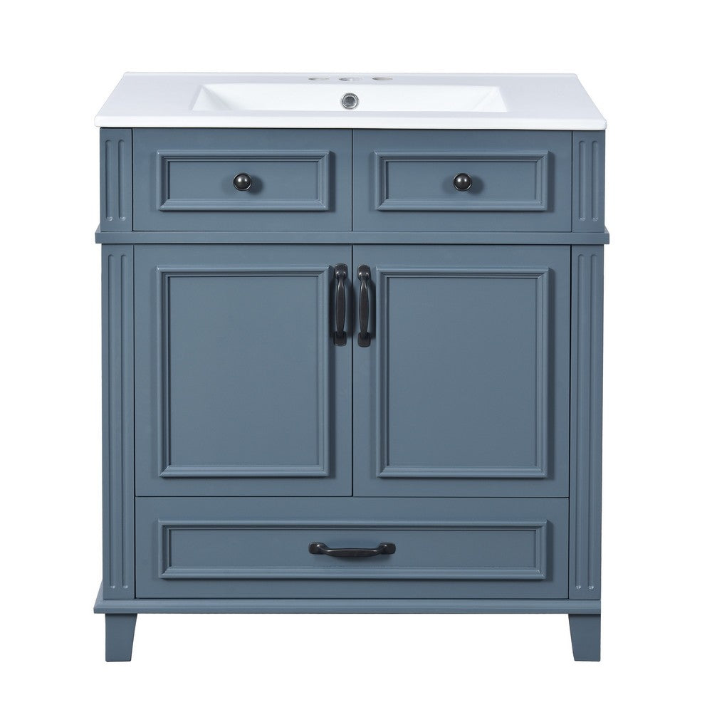 Kenzy Bathroom Vanity with Ceramic Sink, 3 Drawers, Blue Wood 30 Inch - BM351283
