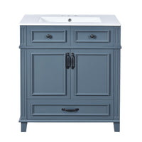 Kenzy Bathroom Vanity with Ceramic Sink, 3 Drawers, Blue Wood 30 Inch - BM351283