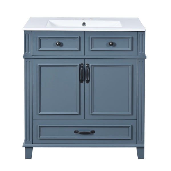 Kenzy Bathroom Vanity with Ceramic Sink, 3 Drawers, Blue Wood 30 Inch - BM351283