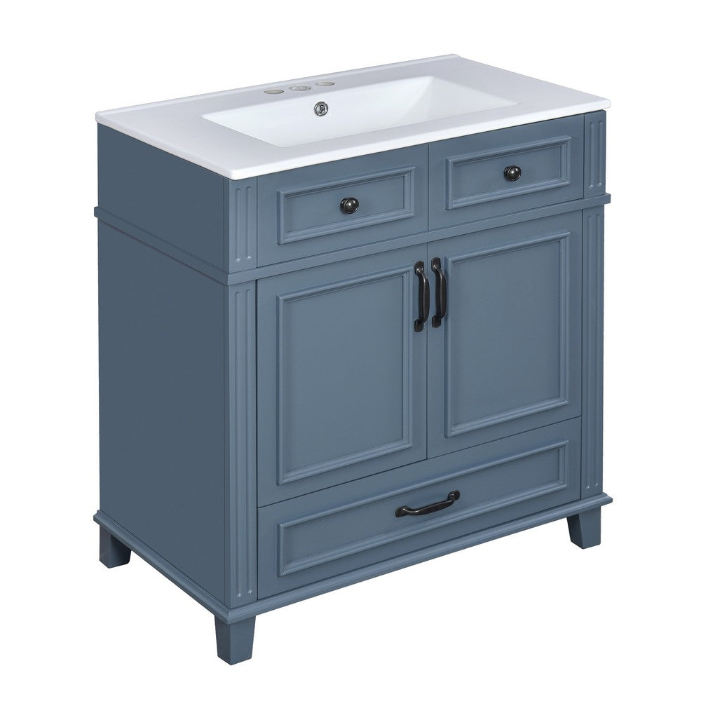 Kenzy Bathroom Vanity with Ceramic Sink, 3 Drawers, Blue Wood 30 Inch - BM351283
