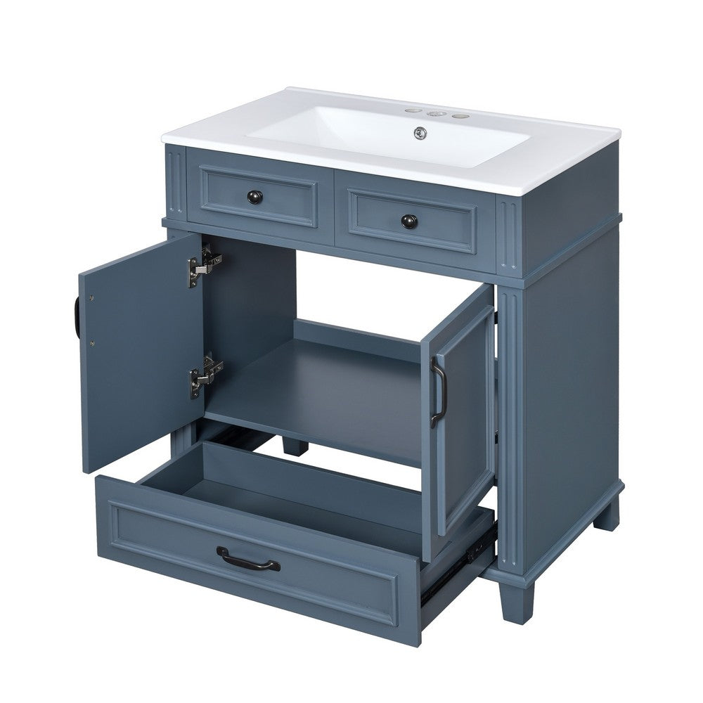 Kenzy Bathroom Vanity with Ceramic Sink, 3 Drawers, Blue Wood 30 Inch - BM351283