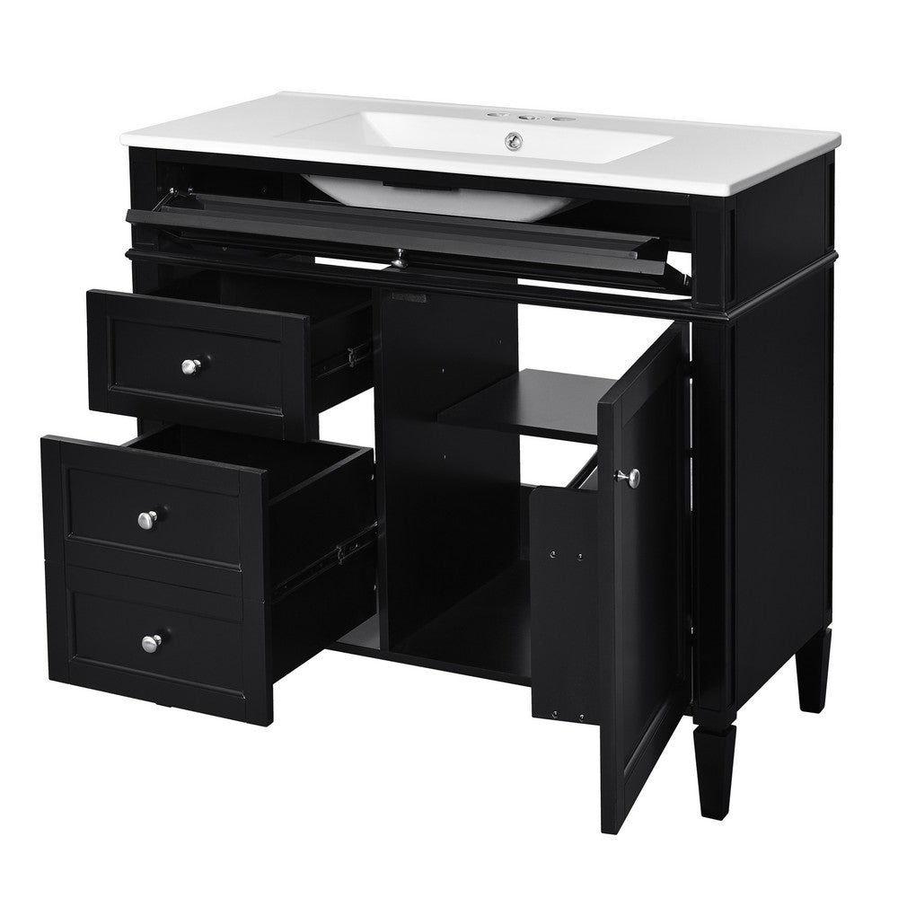 Asher 36 Inch Bathroom Vanity, White Ceramic Sink, 3 Drawers 1 Cabinet, Black - BM351284
