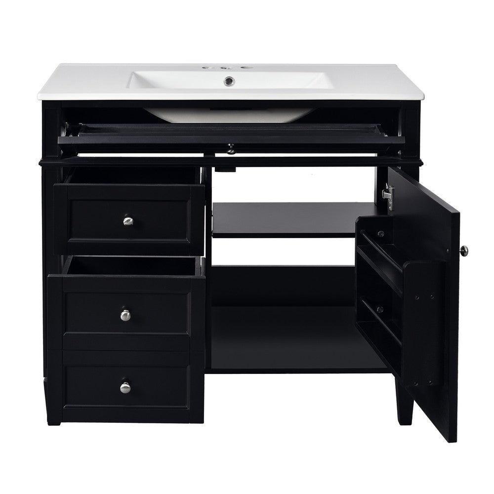 Asher 36 Inch Bathroom Vanity, White Ceramic Sink, 3 Drawers 1 Cabinet, Black - BM351284