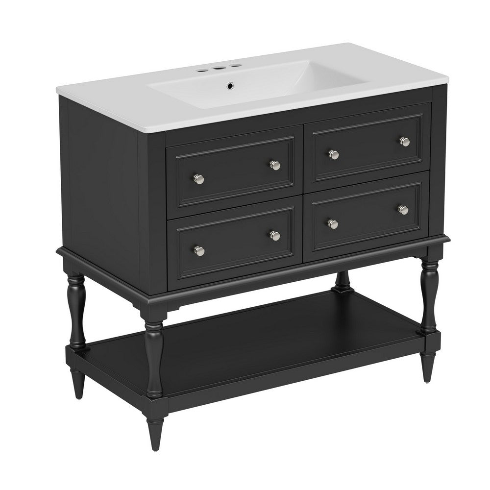 Sandra 36In Bathroom Vanity with Ceramic Sink, 4 Drawers, Black Wood - BM351289