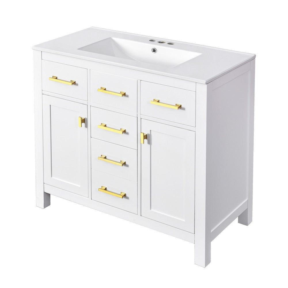 Mindy Bathroom Vanity, Ceramic Sink, Gold Metal, 4 Drawers, White 36 Inch - BM351290