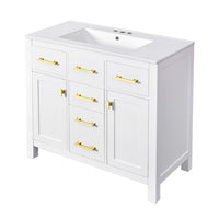 Mindy Bathroom Vanity, Ceramic Sink, Gold Metal, 4 Drawers, White 36 Inch - BM351290