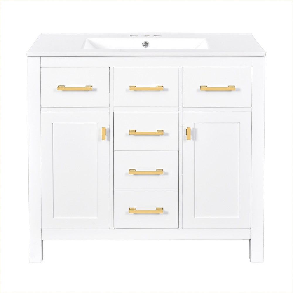 Mindy Bathroom Vanity, Ceramic Sink, Gold Metal, 4 Drawers, White 36 Inch - BM351290