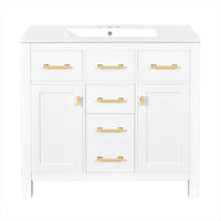 Mindy Bathroom Vanity, Ceramic Sink, Gold Metal, 4 Drawers, White 36 Inch - BM351290